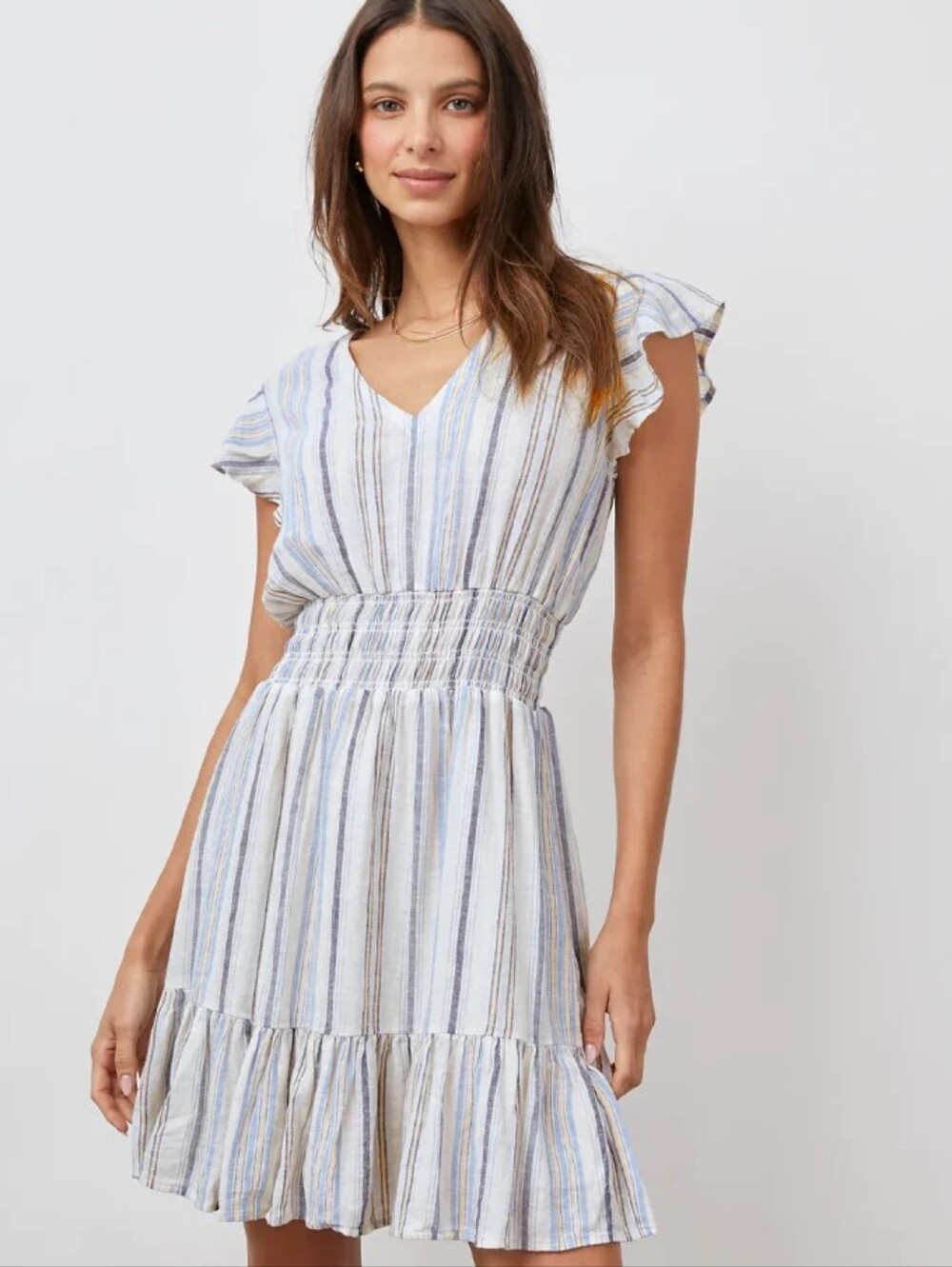 Rails Tara Montauk Stripe Linen Blend Smocked Mini Dress S